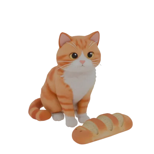 3D модель рыжего кота, сидящего рядом с батоном, в мультяшном стиле