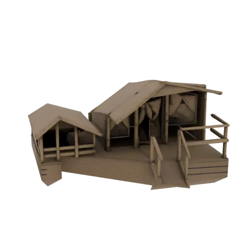 3D модель сафари-лагеря с двумя брезентовыми палатками, деревянным настилом и лестницей, в нейтральных землистых тонах.