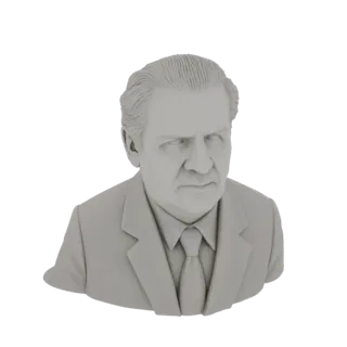 3D model render of a grey bust of a serious man wearing a suit and tie, with neatly styled hair.