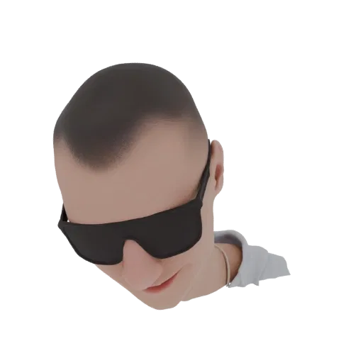 3D-модель лысого мужчины в черных солнцезащитных очках, смотрящего вниз, в белой рубашке.