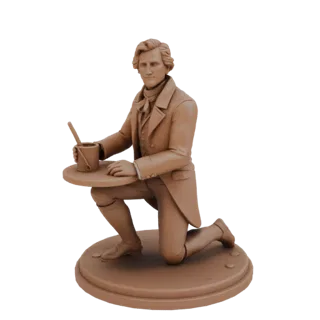 3D-модель статуэтки Александра Пушкина, стоящего на одном колене с держателем для ручки, выполненная в коричневом цвете.