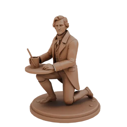 3D-модель статуэтки Александра Пушкина, стоящего на одном колене с держателем для ручки, выполненная в коричневом цвете.