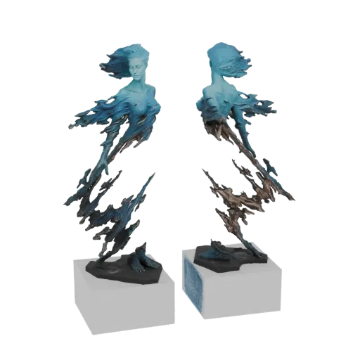 3D модель скульптуры эфирного духа воды с текучей голубой формой и ледяными деталями, представленная на темной основе.