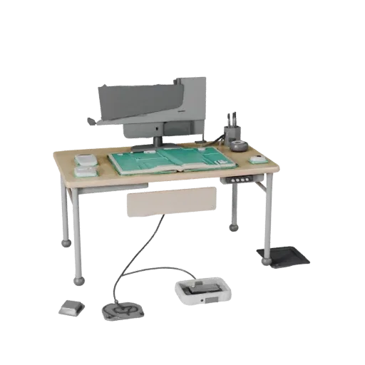 3D-модель Стартап Ноутбук, вид спереди в три четверти, вьюпорт Unity, показывающий пластиковые силуэты настольного компьютера