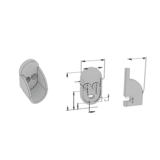 3D-модель головы C-3PO, показанная под разными углами, включая детализированный вид спереди с техническими размерами и аннота