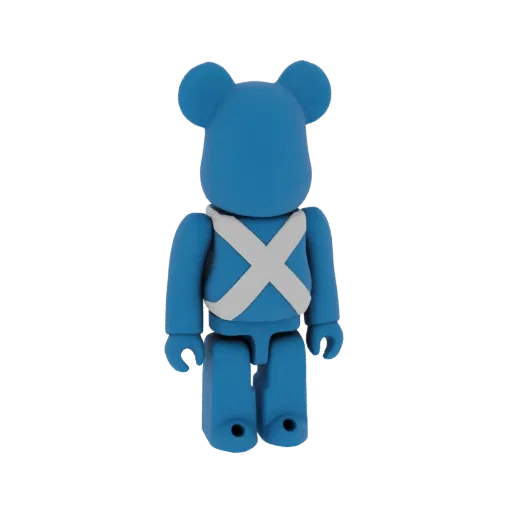 3D рендер синей игрушки Bearbrick с белым крестом на груди на белом фоне.