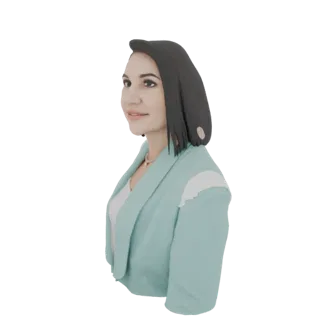 AI-сгенерированная 3D-модель женщины с темными волосами в бирюзовом блейзере и белом топе, смотрящей в сторону.