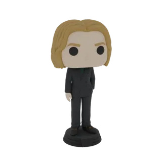 3D-модель фигурки Funko Pop в темном костюме в полоску, стоящей на черном круглом основании.