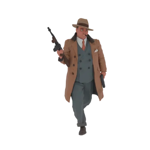 3D модель гангстера 1920-х в плаще, с Томпсоном и пистолетом, в шляпе
