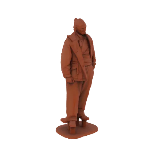 3D модель пилота Второй мировой войны, стоящего, руки в карманах, в летной куртке и кепке, на подставке.