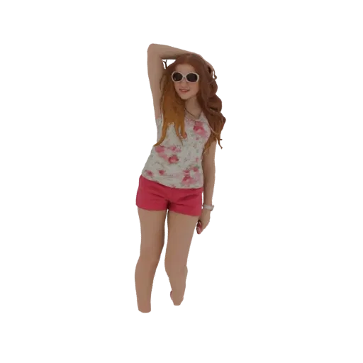 3D модель молодой девушки с рыжими волосами, в очках, цветочном топе и розовых шортах, принимающей позу.