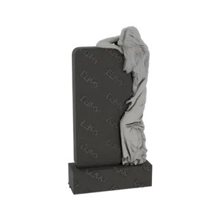3D модель темного гранита памятника с высеченной фигурой скорбящей женщины с развевающимися волосами и драпированной тканью.