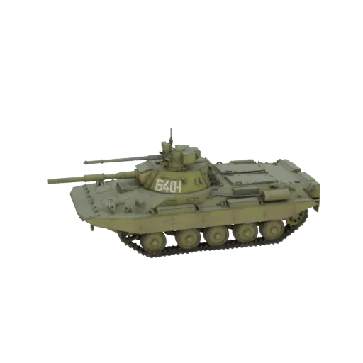 3D модель советского плавающего танка ПТ-76, вид сбоку, в зелёной камуфляжной окраске.