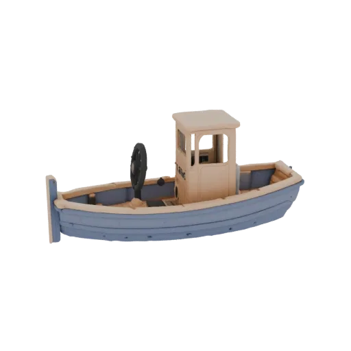 3D модель детской лодки в голубом и бежевом цветах, с простой рубкой и штурвалом, на белом фоне