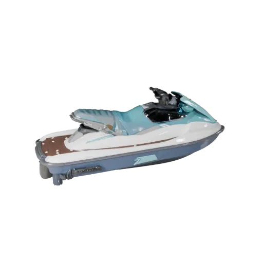 3D модель гидроцикла, игровой вид в три четверти, готовый для Unity ресурс транспортного средства с формой корпуса, компоновк