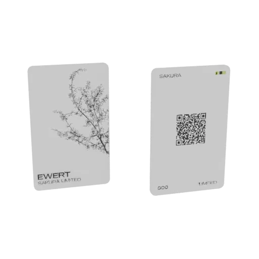 3D рендер двух карт Sakura Limited EWERT, одна с иллюстрацией цветущей сакуры, другая с QR-кодом.