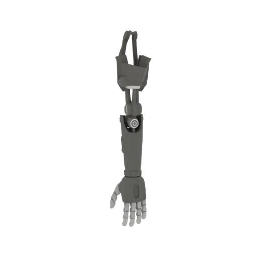 Детализированная 3D модель серой роботизированной руки с шарнирными соединениями и захватом на белом фоне.