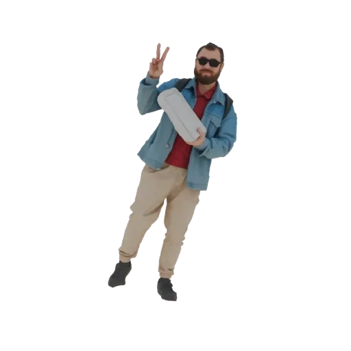 3D модель мужчины в джинсовой куртке, солнцезащитных очках и бежевых брюках, держащего сумку и показывающего знак мира.