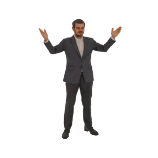 3D модель мужчины в темном костюме, стоящего с раскинутыми руками в жесте презентации или приветствия на белом фоне.