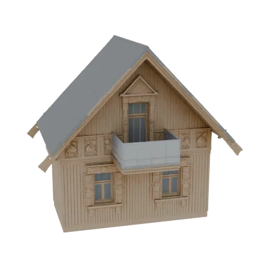 3D модель традиционного деревянного дома с искусной резьбой, серой крышей и небольшим балконом.
