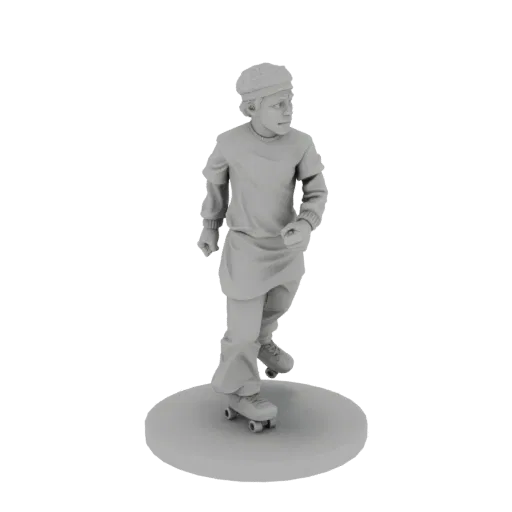 3D модель мальчика в берете и свитере на роликах, с нейтральным выражением лица.