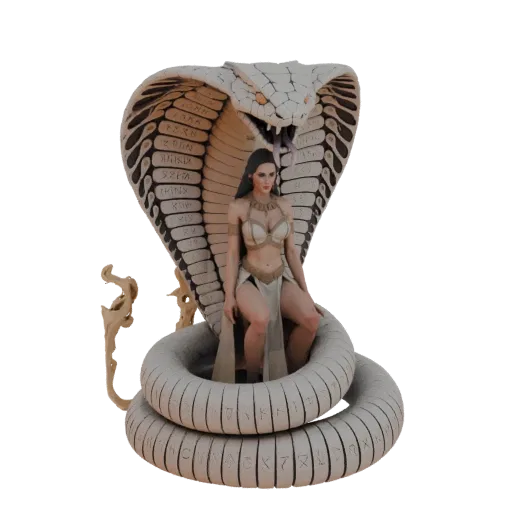 3D модель божественной змеиной богини на большом троне-кобре, покрытом рунами, с тонкими деталями и мистической аурой.