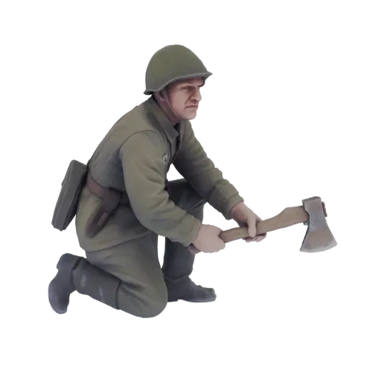 3D модель советского солдата на колене с топором, в шлеме и униформе.