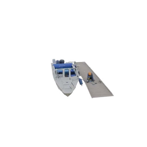 3D модель серого катера с синими сиденьями, пришвартованного к деревянному трапу с рабочим.