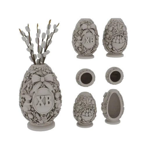 3D модель витиеватой пасхальной вазы-яйца с детальной цветочной резьбой и ветками вербы внутри.