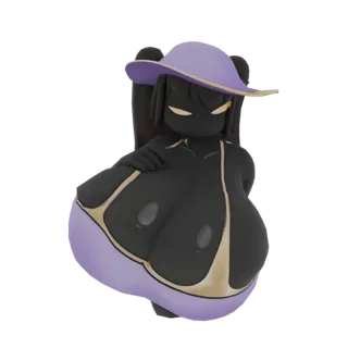 3D render of a stylized dark character wearing a purple sun hat and bikini, with a minimalist face and exaggerated proportion