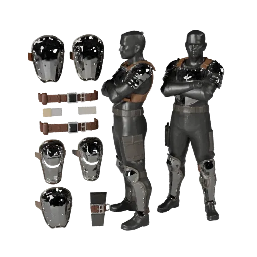 Низкополигональная 3D-модель тактического поножа, вид в игровом окне с трех четвертей, показывающий металлические пластины, д