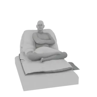 3D модель лысого мужчины, медитирующего со скрещенными ногами на сложенных подушках, со скрещенными руками и безмятежным выра