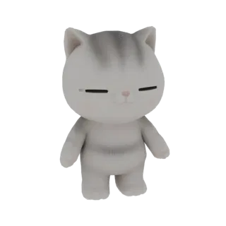 3D рендер милой, стилизованной фигурки кошки светло-серого цвета с темно-серыми полосами, спящей с закрытыми глазами.