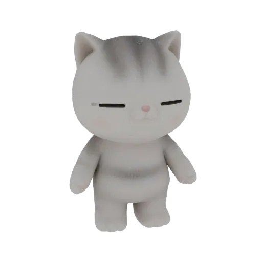 3D рендер милой, стилизованной фигурки кошки светло-серого цвета с темно-серыми полосами, спящей с закрытыми глазами.