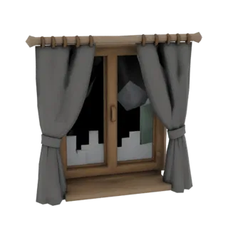 3D модель деревянного окна с разбитыми стеклами и серыми занавесками, отведенными в стороны.