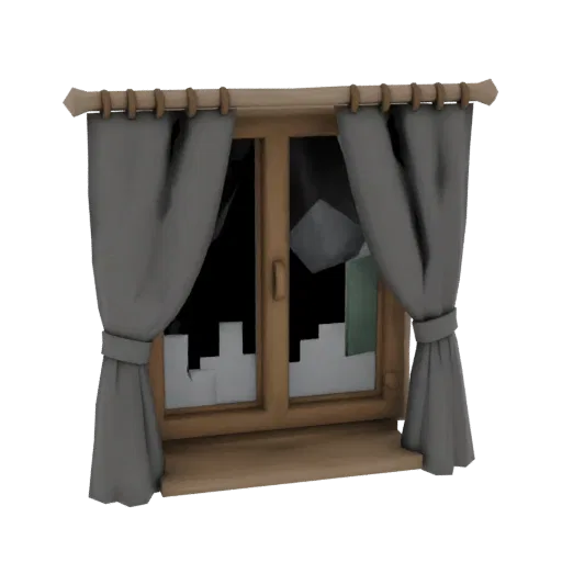 3D модель деревянного окна с разбитыми стеклами и серыми занавесками, отведенными в стороны.