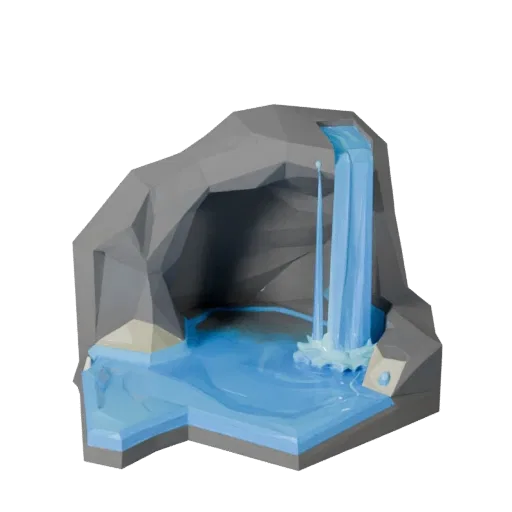 Низкополигональная 3D-модель водопада в пещере с бассейном, вид из игрового вьюпорта в три четверти, показывающий мокрый каме