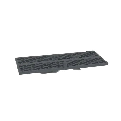 Рендер 3D модели темно-серого шестиугольного лотка с сеткой и сотовым узором и маленькими ножками.