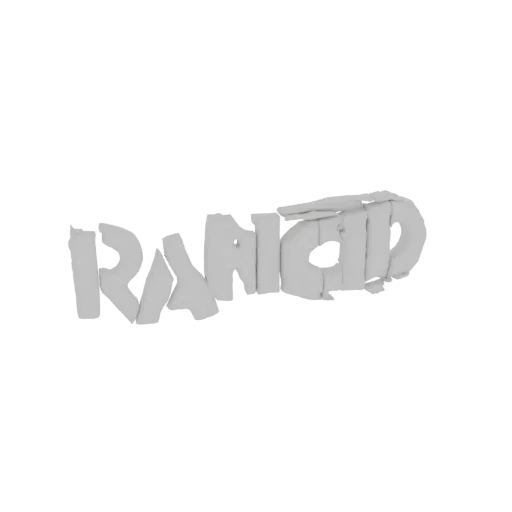 3D-рендер слова "RANKED" шрифтом с эффектом износа и эрозии, с фрагментированными и выветренными буквами.