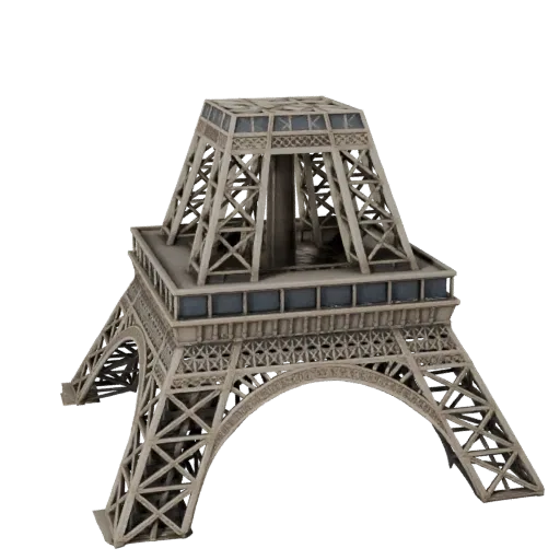 Реалистичная 3D модель Эйфелевой башни, вид с трех четвертей снаружи, показывающий материалы структуры достопримечательности