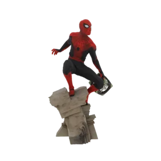 3D модель Человека-Паука в динамичной позе, прыгающего или присевшего на текстурированной скале, в культовом красно-черном ко