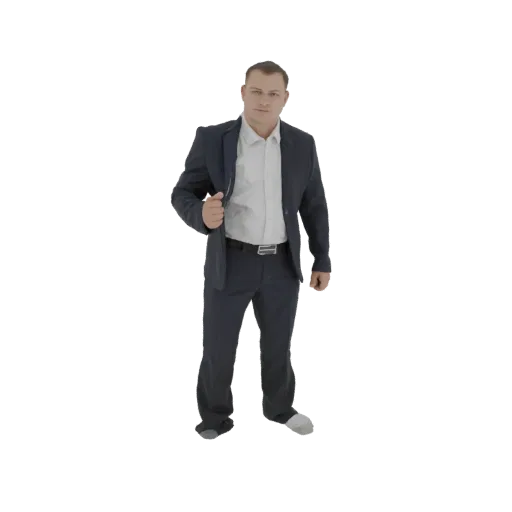 3D модель мужчины в темном костюме, стоящего и поправляющего пиджак одной рукой.