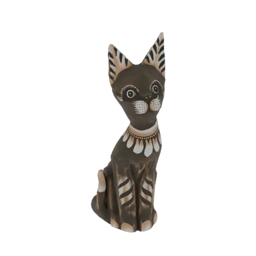 3D модель резной фигурки кошки из темного дерева с племенными узорами и декоративным ошейником, показана в сидячей позе.