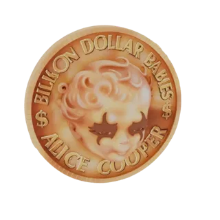 3D-модель монеты Alice Cooper 'Billion Dollar Babies' с детским лицом, темным макияжем глаз и рельефной надписью.