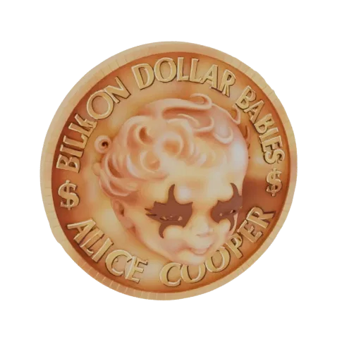 3D-модель монеты Alice Cooper 'Billion Dollar Babies' с детским лицом, темным макияжем глаз и рельефной надписью.