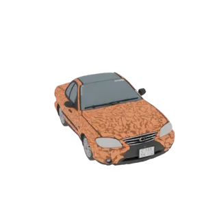 3D модель оранжевого седана с уникальным камуфляжным узором, вид с трехчетвертного переднего ракурса.