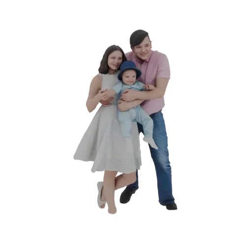 3D модель счастливой семьи: отец держит ребенка и обнимает мать, все улыбаются.