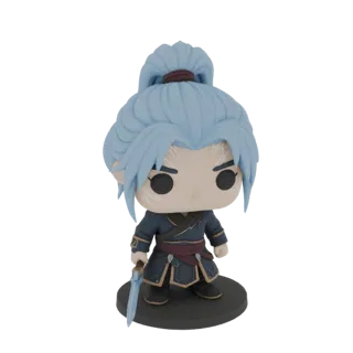3D модель стилизованного аниме воина в стиле Funko Pop, со светло-голубыми волосами, темным нарядом и мечом, стоящая на черно