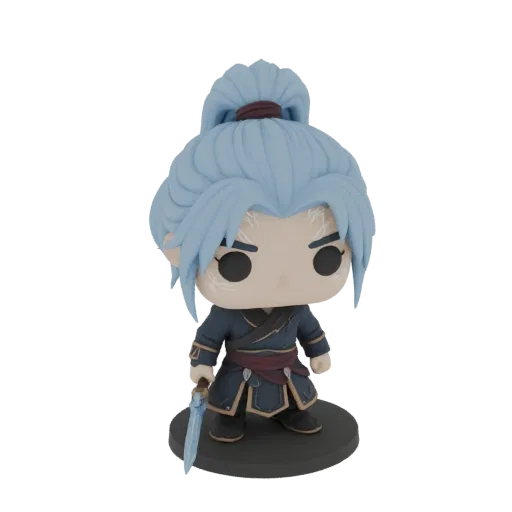 3D модель стилизованного аниме воина в стиле Funko Pop, со светло-голубыми волосами, темным нарядом и мечом, стоящая на черно