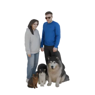 3D модель улыбающейся пары с двумя кошками и собакой хаски, представленная как семейный портрет.